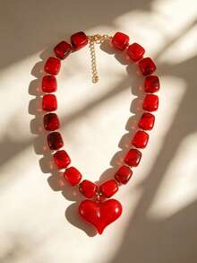 1pc European & American Bohemian Acrylic Geometric Square Multicolor Beaded Necklace With Heart Pendant, Women's Necklace For Summer Beach Vacation - Square Beaded Heart Necklace - View 11