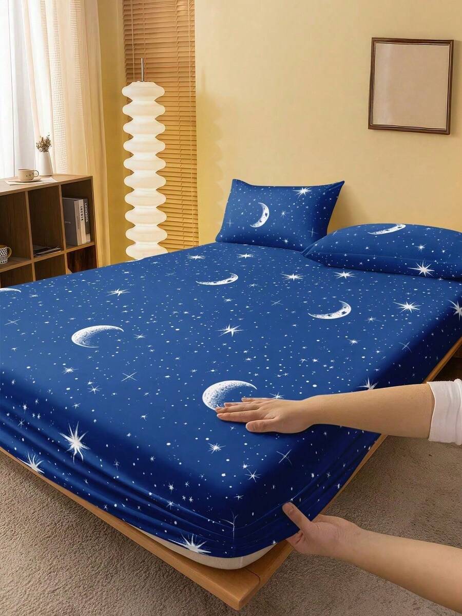 2/3件組藍色星星月亮圖案床單套件(無填充),臥室床單套件,磨毛微纖維材質,透氣舒適,包含1件床墊套和1/2件枕套,床罩套件,特大號、大號、標準雙人、單人尺寸可選,臥室床單套件,透氣舒適,深口袋設計可達11.8英吋,透氣防皺,可機洗,適用於宿舍、返校季及其他場合 - 藍色 - 查看 1