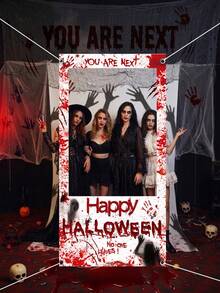 Halloween Party Photography Background, Halloween Theme Photo Frame Decoration, Photo Booth Backdrop With Blood Hand Design, For Halloween Party Supplies, Holiday Party Background Decor, Indoor Outdoor Party Decor, Horror Atmosphere Party Decoration - Terrifying Handprint - View 2