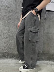 Celana Jeans Denim Anak Laki-Laki, Model Baru Musim Semi/Gugur 2026, Celana Kargo Kasual Potongan Lurus untuk Anak-Anak Ukuran Sedang hingga Besar - Dark Grey - View 4