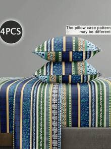 4-Piece Geometric White Heart Pattern Bedding Set, Easy Care Soft Bedding Set, Floral Fitted Sheet Set (1 Flat Sheet + 1 Fitted Sheet + 2 Pillowcases), Fitted Sheet Set, King/Queen/Full/Twin Size, Bed Sheet, Deep Pocket Up To 11.8 Inches, Pillowcases - Multicolor - View 1