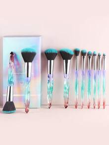 ronshadow 10pcs Gradient Transparent Ice Crystal Diamond Handle Makeup Brush Set With Makeup Sponge, Round Powder Brush, Angled Blush Brush, Large Foundation Brush, Small Eyeshadow Blending Brush, Detail Concealer Brush - Multicolor - View 13