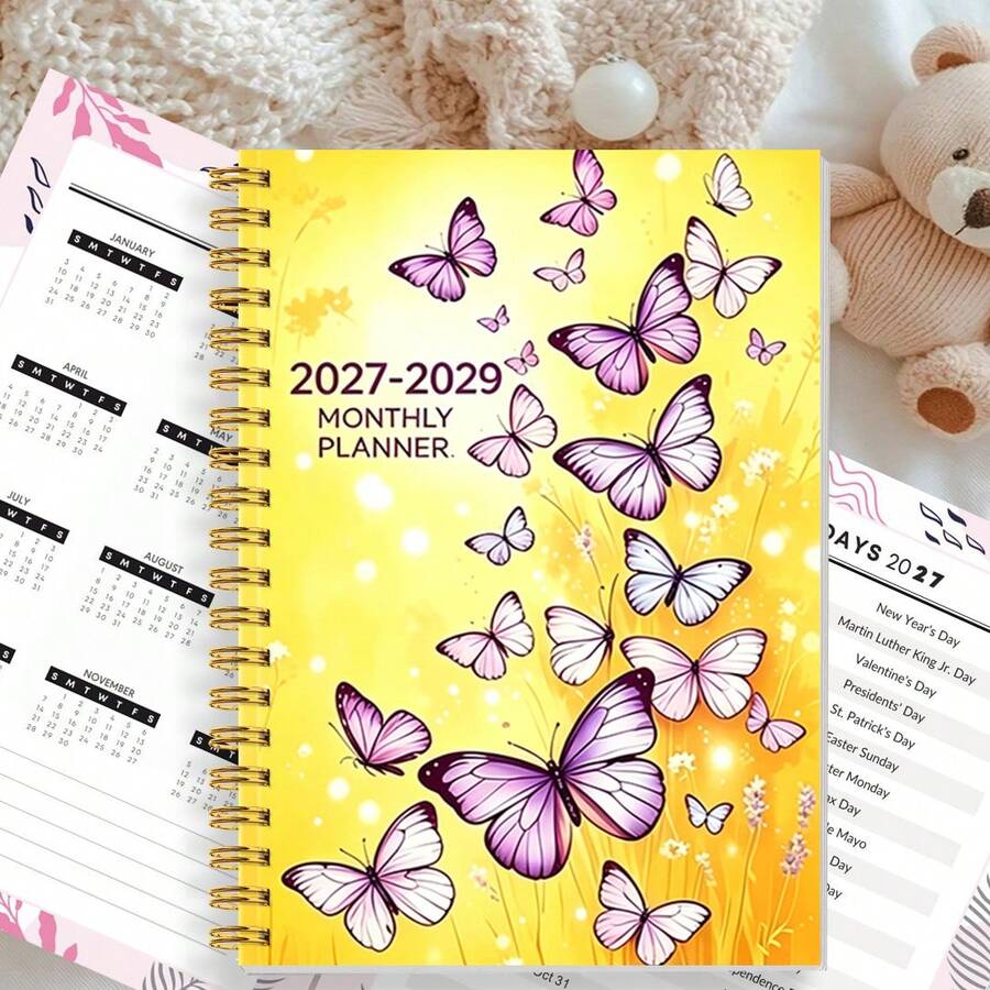 DANPERJI 1pc A5 Multi-Style 2027-2029 3-Year Monthly Spiral Bound Planner, Warm Yellow Background With Purple Lavender Butterfly Print Calendar Notebook, Suitable For Long-Term Monthly Planning And Goal Tracking - Multicolor - View 1