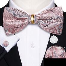 5Pcs Men Pink Tropical Plant Jacquard Bow Tie Pocket Square Detachable Cufflinks Ring Boutonniere Set, Cufflinks Random Pattern, Wedding Formal - Pink - View 2