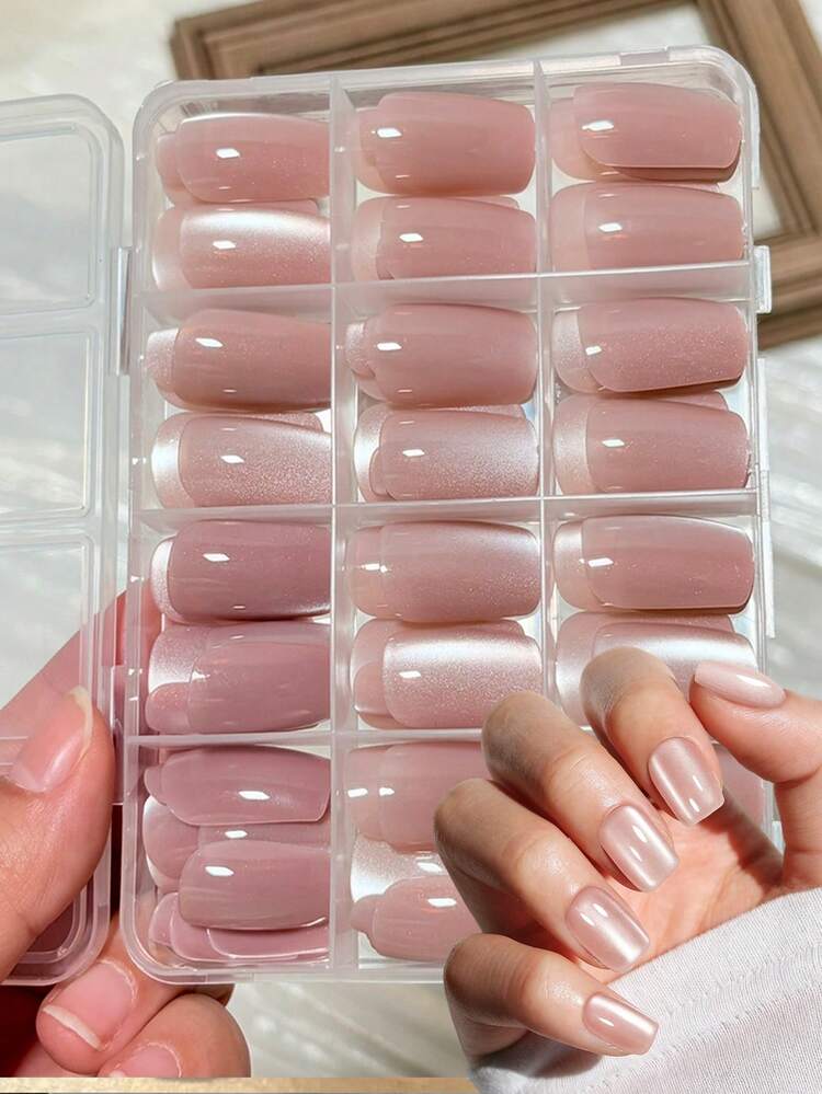 144片中號裸色貓眼穿戴甲，亮面貓眼設計，棺材形全覆蓋假指甲，亮面夏季風格女款，日常婚禮DIY美甲貼片 - 淺粉色 - 查看 3