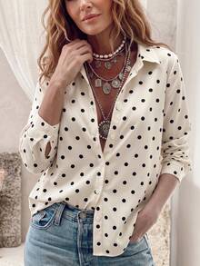 Blus Lengan Panjang Motif Polkadot untuk Wanita, Kancing Depan, Hem Asimetris, Bahan Poliester - MultiWarna - View 4