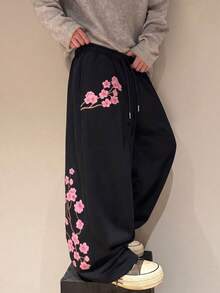 SU ER Men's Summer Loose Drawstring Elastic Waist Casual Pants, Draped Lazy Wide Leg Long Trousers - Black - View 3