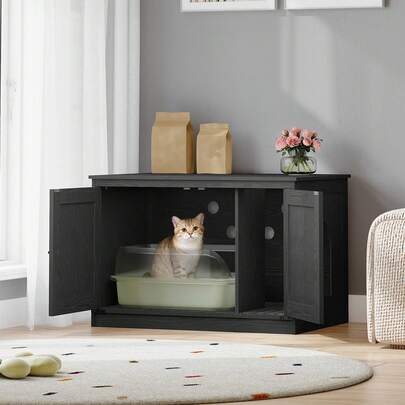HaluPeit Caja de arena para gatos con cojín, mueble para caja de arena oculta con divisores desmontables, entrada reversible izquierda o derecha, casa para gatos, negro