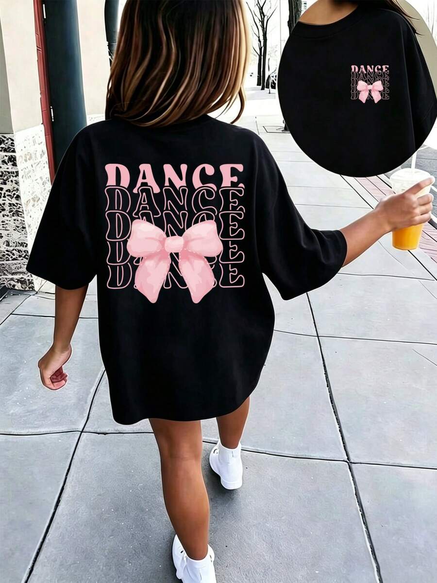 女童短袖T恤,可愛層次感DANCE字母與粉色蝴蝶結背印寬鬆休閒T恤,兒童夏季舞蹈日常穿著 - 黑色 - 查看 1