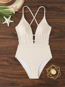 Traje de baño de una pieza sexy para mujer con cuello halter y lazo, sin mangas, corto de punto, estilo casual de playa para vacaciones de verano, con recortes - Albaricoque - Ver 4