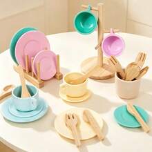 Children's Wooden Play Kitchen Utensils Set (27pcs) - Includes Plates, Bowls, Storage Rack And Realistic Food, Play Kitchen Accessories, Educational Gift For Children 3 Years And Above - Multicolor - View 10