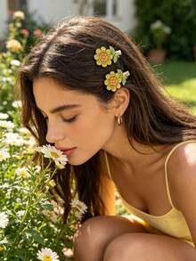 2 pezzi Fermagli per capelli a becco d'anatra con fiori di strass dolci e carini, fermagli laterali con foglie verdi e strass colorati, accessori per capelli da donna per uso quotidiano con capelli sciolti - Multicolore - Visualizzare 2