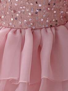 Young Girls Spaghetti Strap Beaded Sequin Organza Party Dress Suitable For Runway And Stage, Headband Not Included - Dusty Pink - View 9