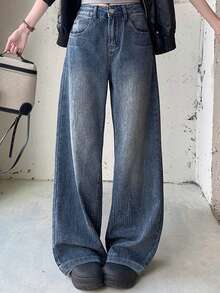 American Style Rhinestone Studded Wide Leg High Waist Loose Straight Leg Jeans For Women - Blue - View 1