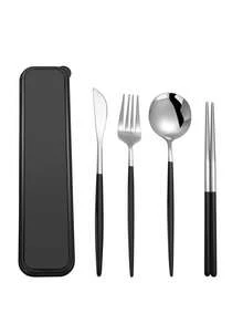 5pcs Stainless Steel Portuguese Knife Fork Spoon Chopsticks Set With Storage Box Portable Tableware Set For Camping Outdoor - Multicolor - View 14