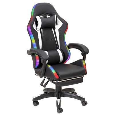 Baroni Home Ergonomischer Gaming-Stuhl mit Lendenkissen, abnehmbarer Fußstütze, Bürostuhl mit neigbarer Rückenlehne und verstellbarer Höhe, Weiß, 68 x 66 x 125–133 cm