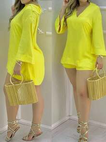 Casual Solid Color Elegant Long Sleeve Top And Shorts 2 Pieces Set For Daily Wear All Seasons - Yellow - View 1