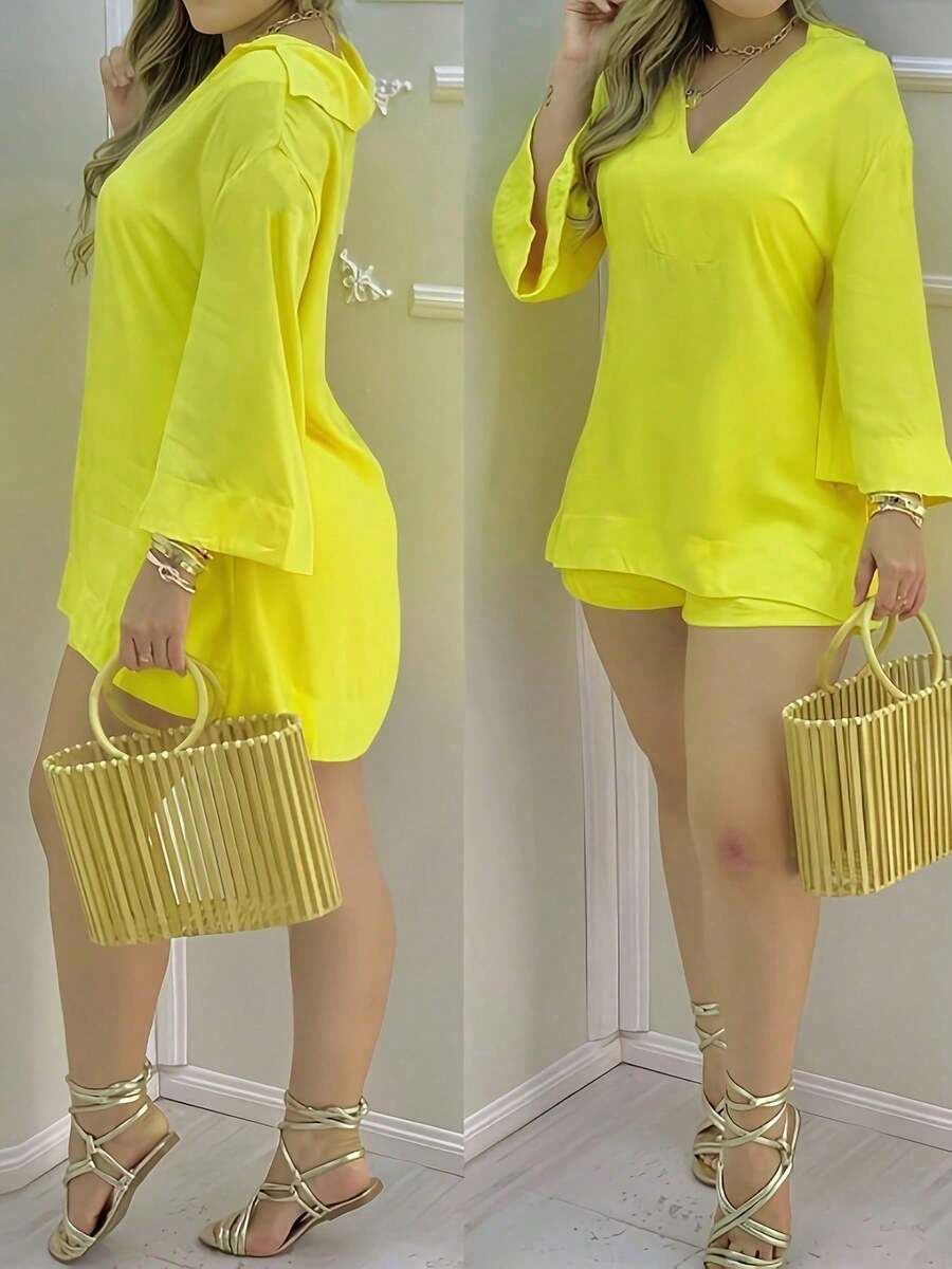 Casual Solid Color Elegant Long Sleeve Top And Shorts 2 Pieces Set For Daily Wear All Seasons - Yellow - View 1
