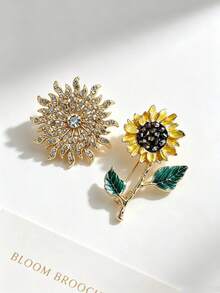 Full Rhinestone Radiating Sunflower Brooch + Oil-Drip Stem Sunflower Pair Pins, Warm Gold Vintage Suit Coat Collar Anti-Exposure Accessory - Multicolor - View 6