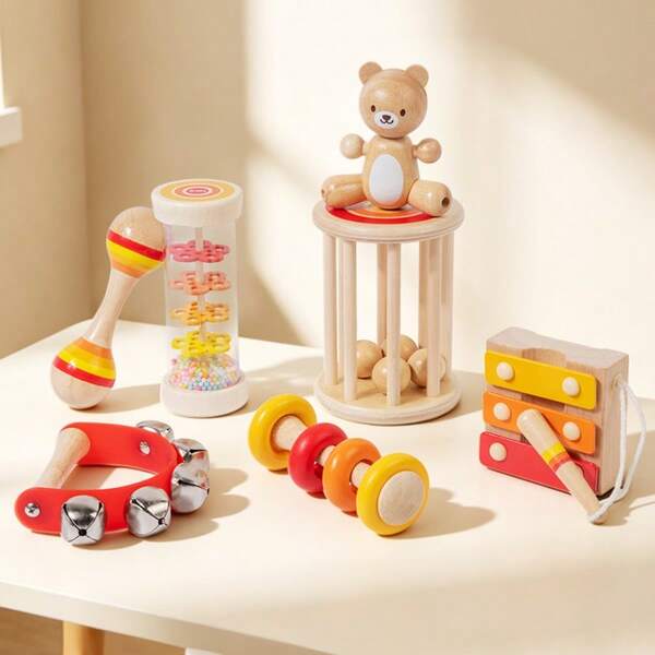1 Set de hochet à main pour bébé en bois naturel, matériau en bois de hêtre non peint, shaker de sable, bâton de pluie, hochet à poignée d'ours, instrument de percussion à main