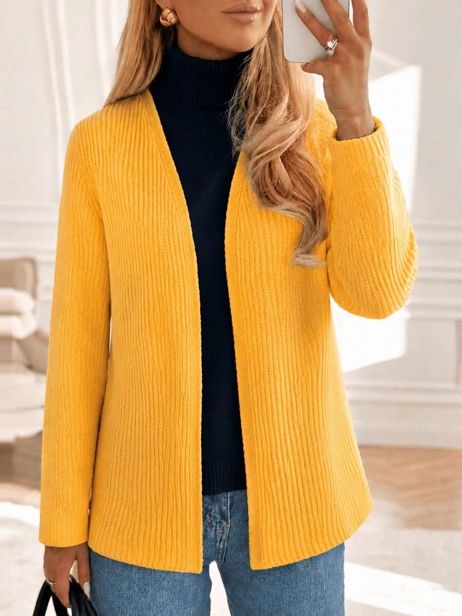 Fashion Women's Casual Knit Cardigan Long Sleeve Sweater Jacket - Yellow - View 1