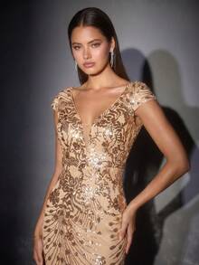 XUIBOL Spring/Summer Women's High-Quality Elastic Sequin V-Neck Cap Sleeve Mermaid Hem Design Solid Color Elegant Luxury Long Dress, Showcasing Feminine Youthful Charm, Suitable For Various Parties, Graduation Ceremonies, Weddings, Events, Banquets And Balls (Luxury Edition) - 金色 - 查看 7