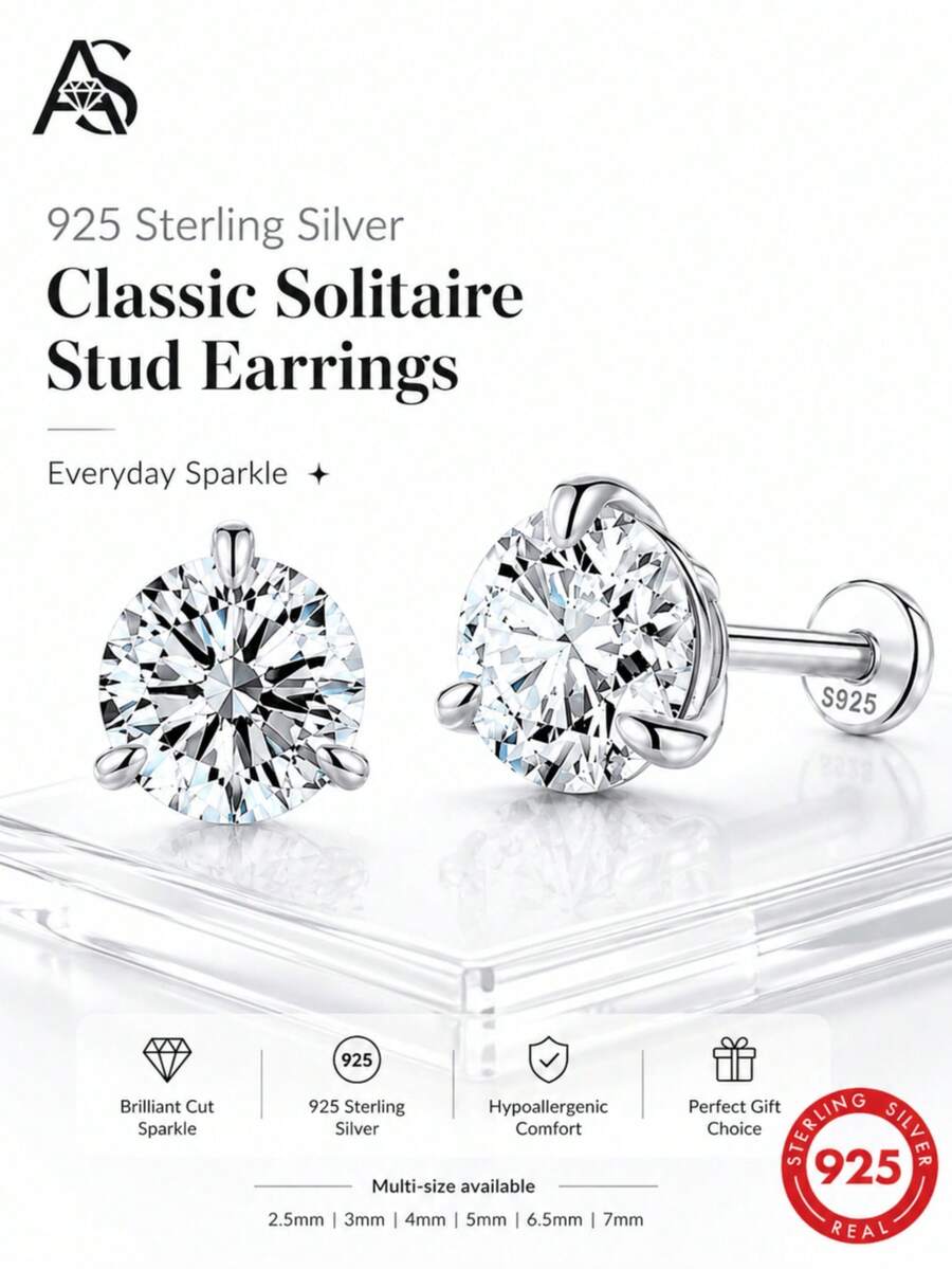 AnlaScheer 1pc 0.03-0.5ct Moissanite 925 Sterling Silver Halo Flat Back Cartilage Ear Stud Earrings, Women's Engagement Wedding Bridal Jewelry