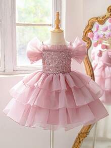Young Girls Spaghetti Strap Beaded Sequin Organza Party Dress Suitable For Runway And Stage, Headband Not Included - Dusty Pink - View 3