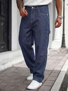 1pc Men's Vintage Loose Wide Leg Denim Jeans, Suitable For All Seasons, Casual, Versatile, Minimalist - Blue - View 1