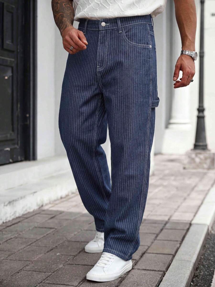 1pc Men's Vintage Loose Wide Leg Denim Jeans, Suitable For All Seasons, Casual, Versatile, Minimalist - Blue - View 1