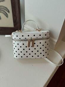 Bolso de cosméticos vintage con lunares, caja pequeña, bolso de almacenamiento cuadrado de mano exquisito, bolso de hombro y bandolera versátil con textura para mujer - Blanco - Ver 1