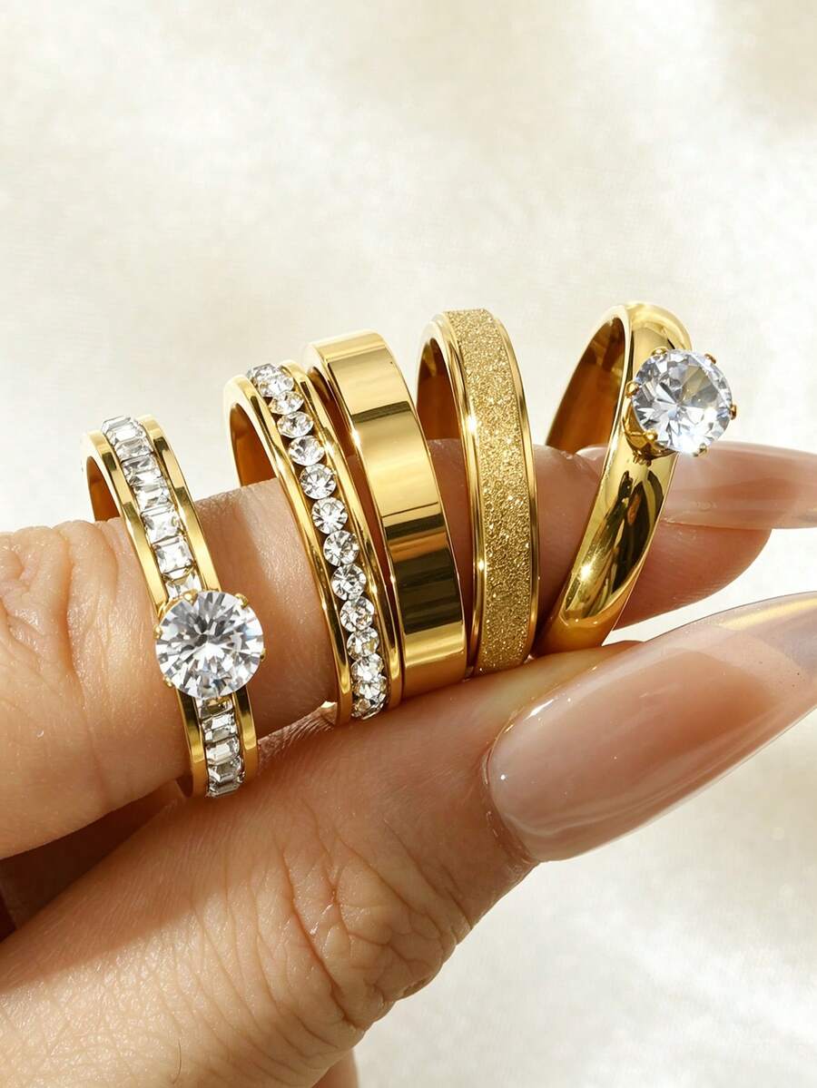5pcs Elegant Stainless Steel Matte Finish 6-Prong White Zirconia Rings Set For Women, Suitable For Daily Wear, Dating, Confession, Engagement, Wedding, Party, Holiday Accessories - Gold - View 1