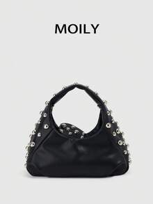 Bolso de mano y de hombro para mujer estilo Y2K Punk con diseño de remaches, cierre de cremallera, material de PU - Negro - Ver 5