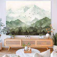 1件寧靜山林掛毯－霧綠樹林風景水彩藝術，含雪山與飛鳥，聚酯纖維壁掛，適合安靜臥室與客廳裝飾，臥室牆面裝飾 | 寧靜設計 | 聚酯纖維布料，風景裝飾掛毯 - 彩色 - 查看 7
