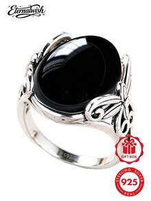 1pc S925 Sterling Silver Carved Synthetic Black Gemstone Ring, Perfect For Daily Wear And Anniversary Gift, Comes With Gift Box - Silver - View 2