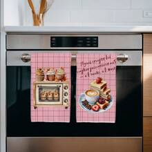 2PCS Kitchen Towels Pink Plaid Striped Coffee Healing Theme Pattern Print 40*60cm Rectangular Microfiber Kitchen Towels, Dish Cloths, Tablecloths, Hand Towels, Kitchen Decor, Home Decor, Housewarming Gift For Neighbors, Perfect For Kitchen And Bathroom Use, Suitable For Housewives And Family Gatherings, High Cost-Performance, Home Essential - Baby Pink - View 5