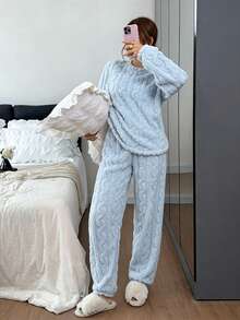 Dreamivo 2pcs/Set Women's Solid Color Plush Thickened Fleece Long Sleeve Long Pants Pajama Set, Simple And Fashionable Sleepwear - Blue - View 5