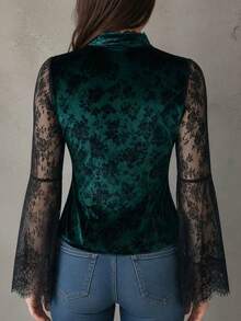 Women's Autumn Velvet Lace Top, Long Ruffle Sleeve Stand Collar Blouse, Semi-Transparent Details, High Elastic Knit Fabric Fall - Green - View 3