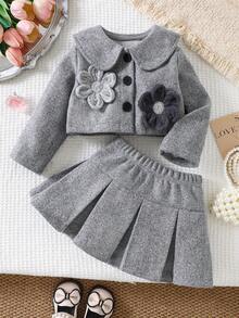 Baby Girl Autumn/Winter 2-Piece Set, Peter Pan Collar With Exquisite 3D Handmade Crochet Flower Jacket, A-Line Pleated Skirt For Easy Movement, Cute Princess Style, Sweet Gift For Baby - Grey - View 1