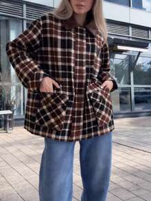 Women's Plaid Jacket, Brown Long Sleeve Zip Up Shirt Jacket With PU Leather Collar, Casual Fall Autumn Outerwear - Brown - View 3