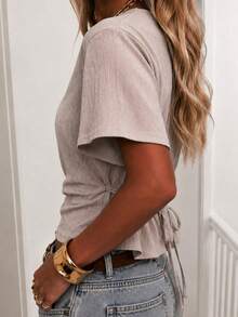 Women's Boat Neck Waist-Cinching Tie-Up Drop Shoulder Flared Sleeve Short Sleeve Blouse, Textured Crinkled Fabric, Casual Streetwear, Daily Commute Elegant Top, Fashionable Outfit - Apricot - View 4
