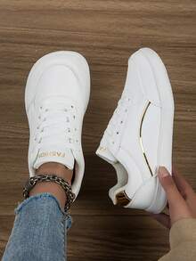 Women's Plus Size Wide Toe Box Athletic Shoes, Soft Sole Lightweight Casual Sneakers, Wide Palm Running Shoes, Shock-Absorbing Versatile Fashion Women's Shoes - White Gold - View 2