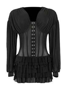 Women's Solid Color V-Neck Long Sleeve Sheer Mesh Mini Dress, Perfect For Birthday Parties, Dates And Vacations Black Wedding Party Fall - Black - View 6