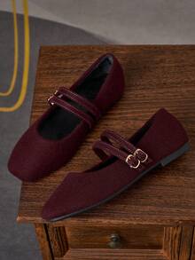 Women's Square Toe Low Vamp Burgundy Office Work Shoes Flat Mary Jane Ballet Shoes, Thermal Lined Warm Winter, Double Strap Buckle - Burgundy - View 3