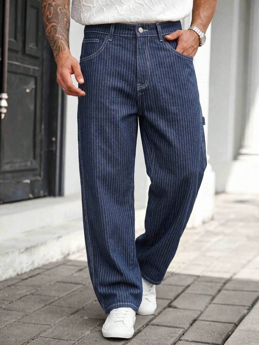 1pc Men's Vintage Loose Wide Leg Denim Jeans, Suitable For All Seasons, Casual, Versatile, Minimalist - Blue - View 1