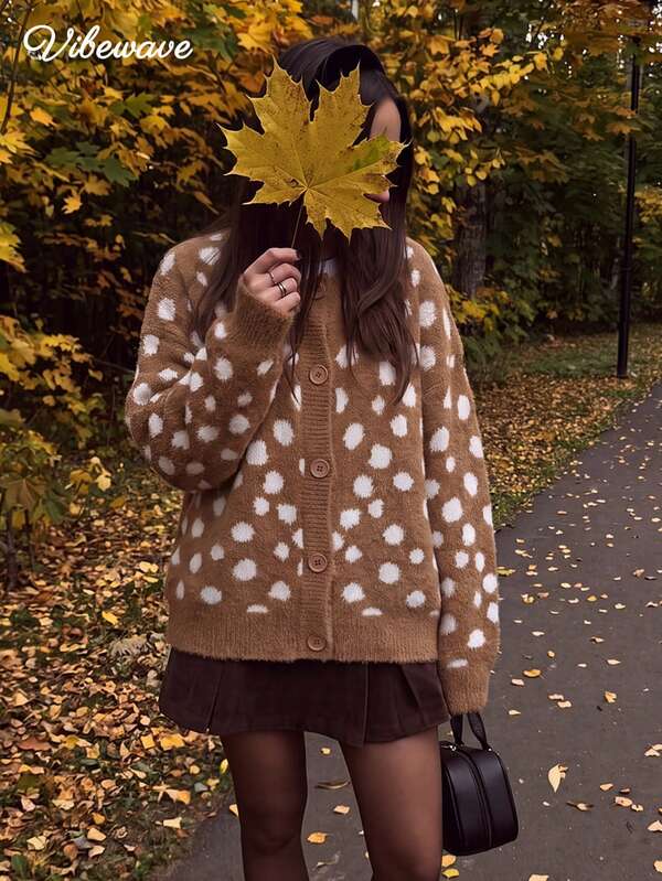 VIBEWAVE Autumn/Winter Deer Print Coffee Color Polka Dot Round Neck Single-Breasted Dropped Shoulder Loose Fuzzy Knit Cardigan Women's Vintage Casual Sweater Jacket