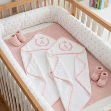 2-Piece Personalized Baby Bath Towel And Hooded Towel Set With Embroidered Name Initial, 100% Cotton, High Absorbency, Baby Pink - Rosa Claro - 查看 3