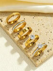 5pcs Elegant Stainless Steel Matte Finish 6-Prong White Zirconia Rings Set For Women, Suitable For Daily Wear, Dating, Confession, Engagement, Wedding, Party, Holiday Accessories - Gold - View 2