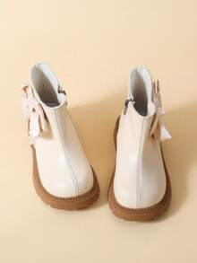 Off-White Girls Ankle Boots Satin Bow Vertical Pearl Decor Side Zipper Round Toe Chunky Lug Sole Sweet Princess Short Boots For Party Daily Dress - White - View 3
