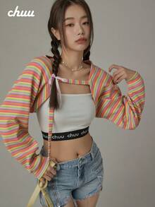 CHUU Rainbow Striped Jacket Women's Summer Youthful Chic Loose Versatile Long Sleeve Short Cover-Up - Multicolor - View 3